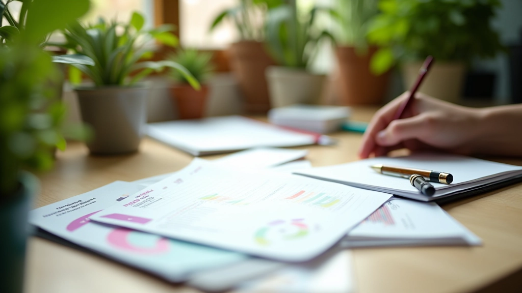 Carnet de budgétisation coloré avec stylo et calculatrice sur un bureau organisé avec plantes vertes