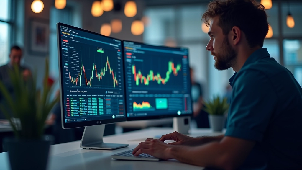 Écran d'ordinateur affichant des données de cryptomonnaie avec graphiques en temps réel dans un environnement fintech moderne