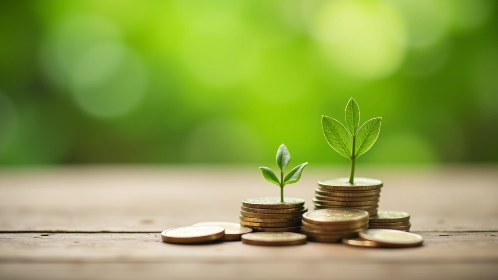 Feuilles vertes et pièces de monnaie sur table en bois, symbolique de durabilité financière