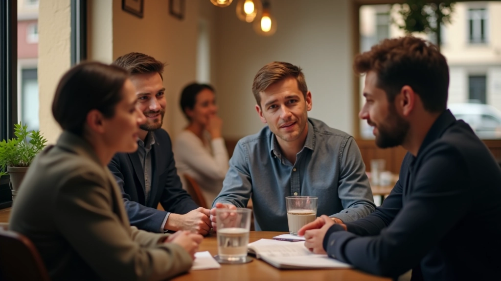 Jeunes professionnels discutant de stratégies d'épargne modernes dans un café urbain contemporain