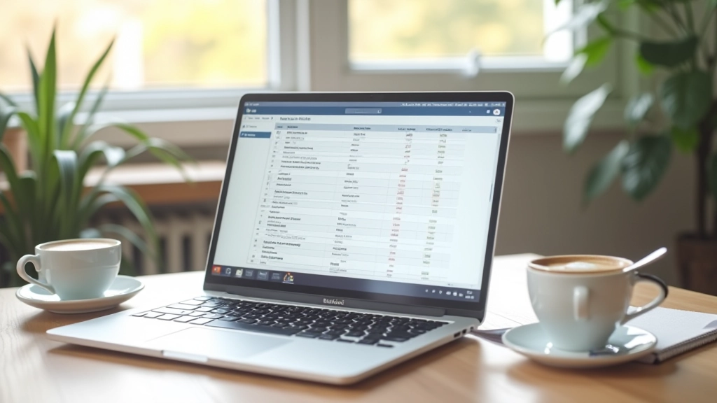 Ordinateur portable avec feuille de calcul budgétaire, bloc-notes à côté, tasse de café, bureau lumineux et organisé
