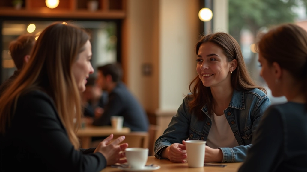 Portrait de jeunes adultes en discussion, lumière naturelle, café urbain moderne