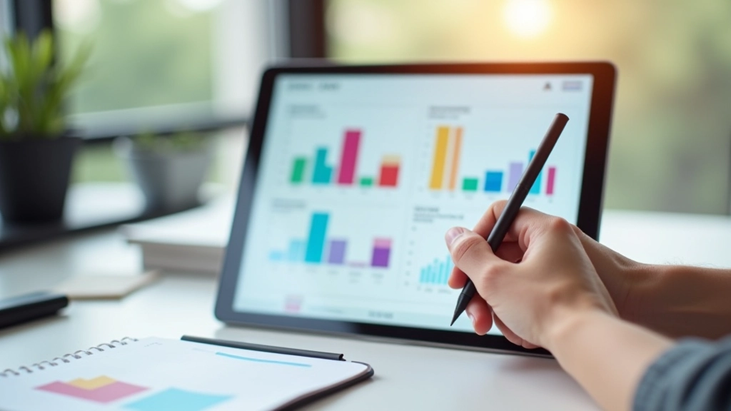 Tablette numérique affichant une application de budgétisation avec graphiques colorés, main tenant un stylet, bureau moderne