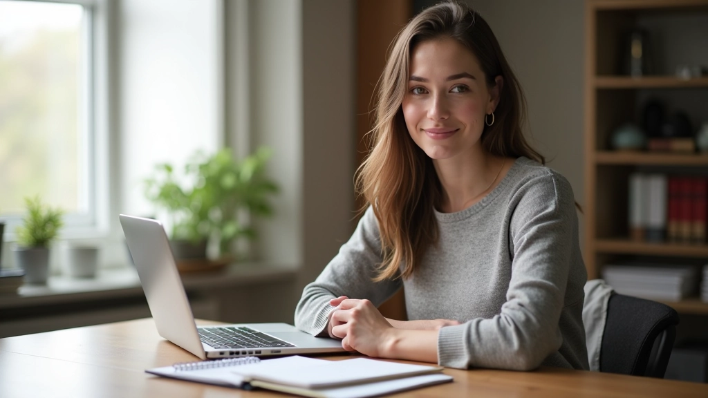 Femme assise à son bureau avec laptop, planificateur financier ouvert, stylo à la main, concentration