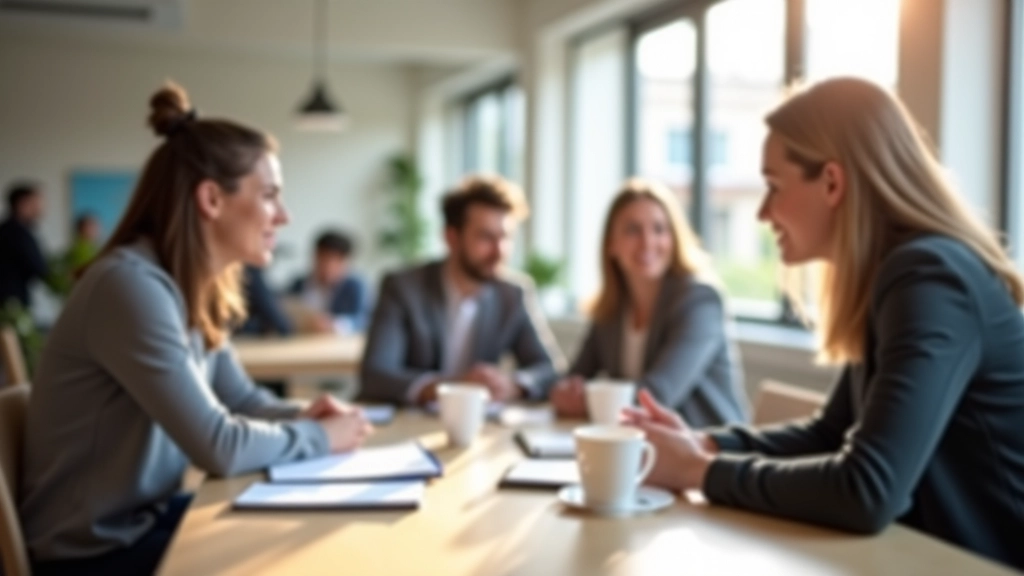 Jeunes adultes discutant de finances autour d'une table, documents et café visibles, atmosphère de confiance et d'apprentissage